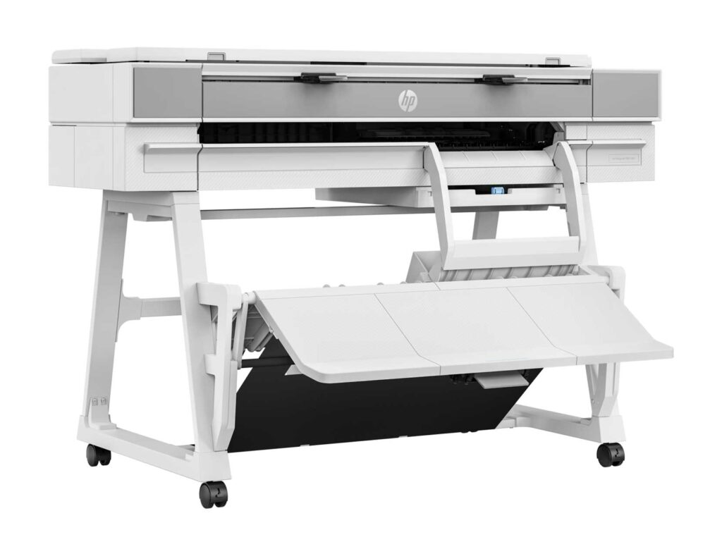 HP DesignJet XT950 wide-format printer, featuring sleek design and built-in paper collection tray for efficient output.
