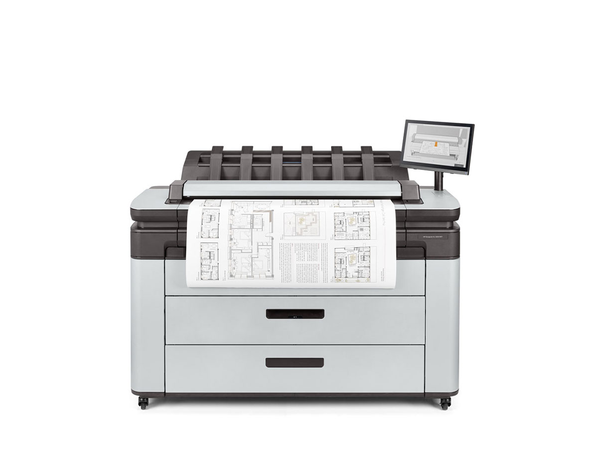 HP® DesignJet® XL 3600 Printer with front panel touchscreen and architectural plans printing, designed for speed and security in technical environments.