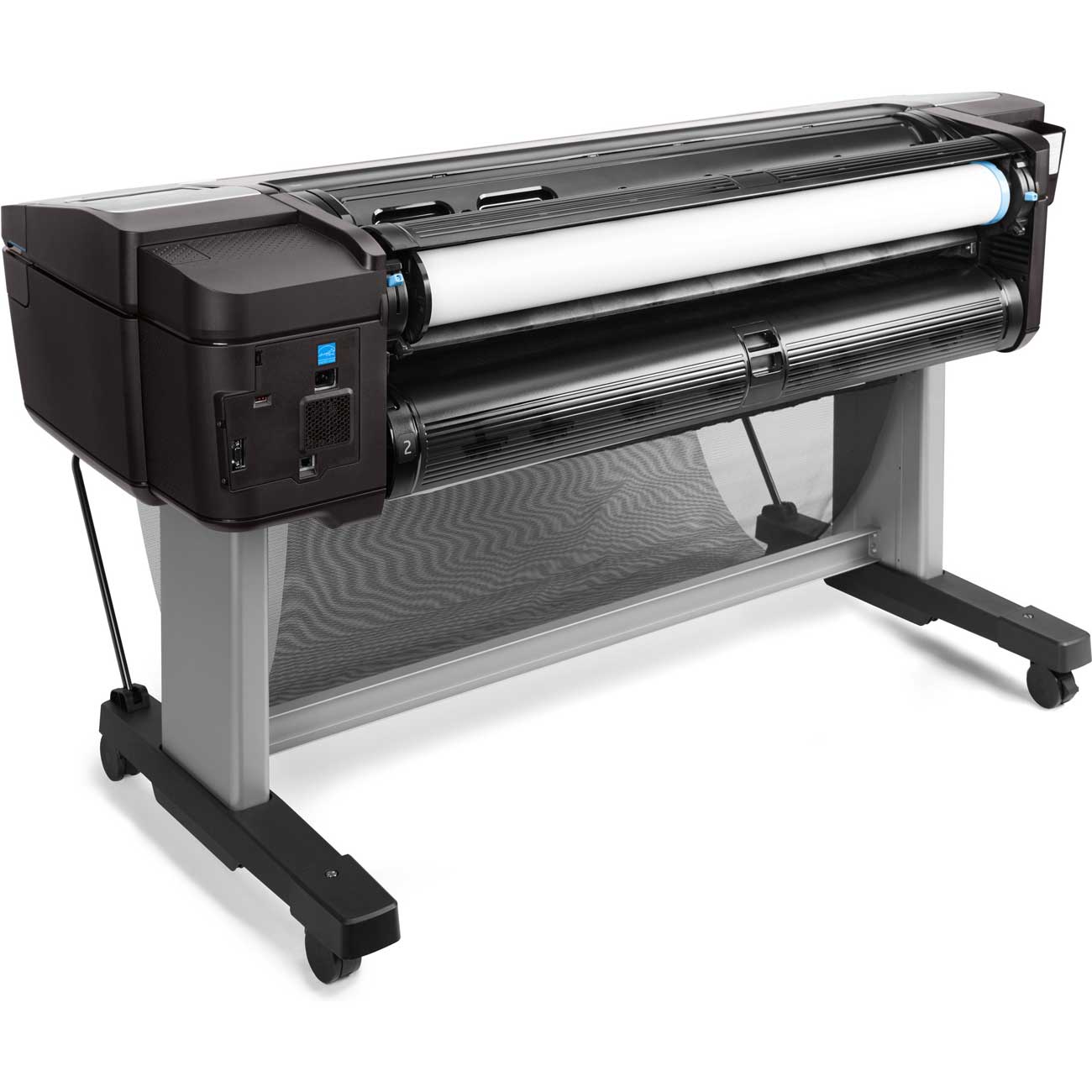 HP DesignJet T1700 right-facing view showing rear access to dual paper roll system and secure output basket for high-performance CAD and GIS printing.