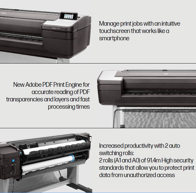 HP DesignJet T1700 print engine and touchscreen display highlighted for productivity, accuracy, and secure PDF handling.