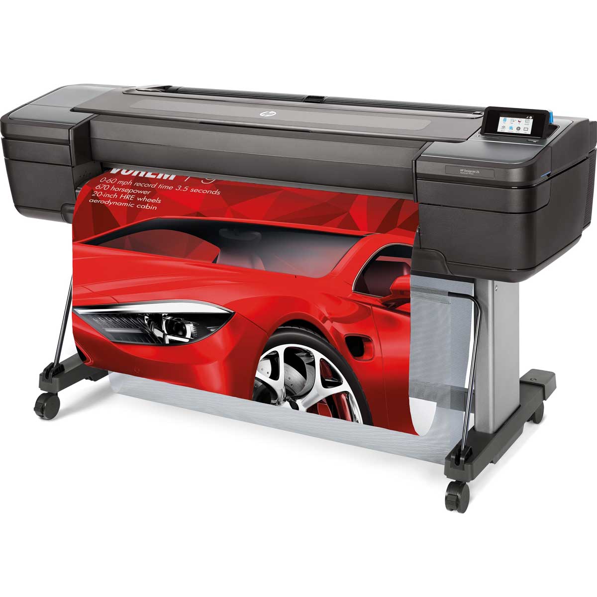 HP DesignJet Z6 displays a sleek red sports car advertisement being printed on a wide-format roll.