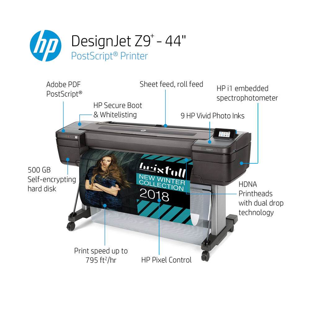 HP DesignJet Z9 44-inch printer with labeled callouts highlighting security, vivid inks, and print speed.